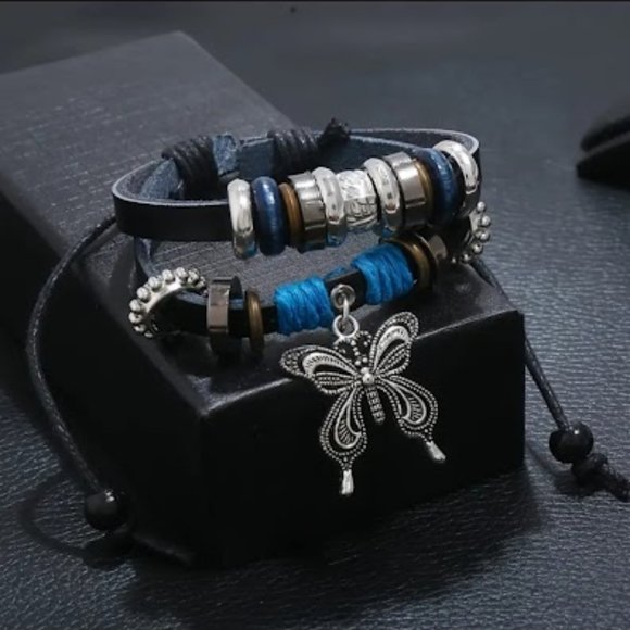 Vintage Butterfly Black PU Leather Adjustable Wrap Bracelet Adjustable Length - Picture 1 of 4